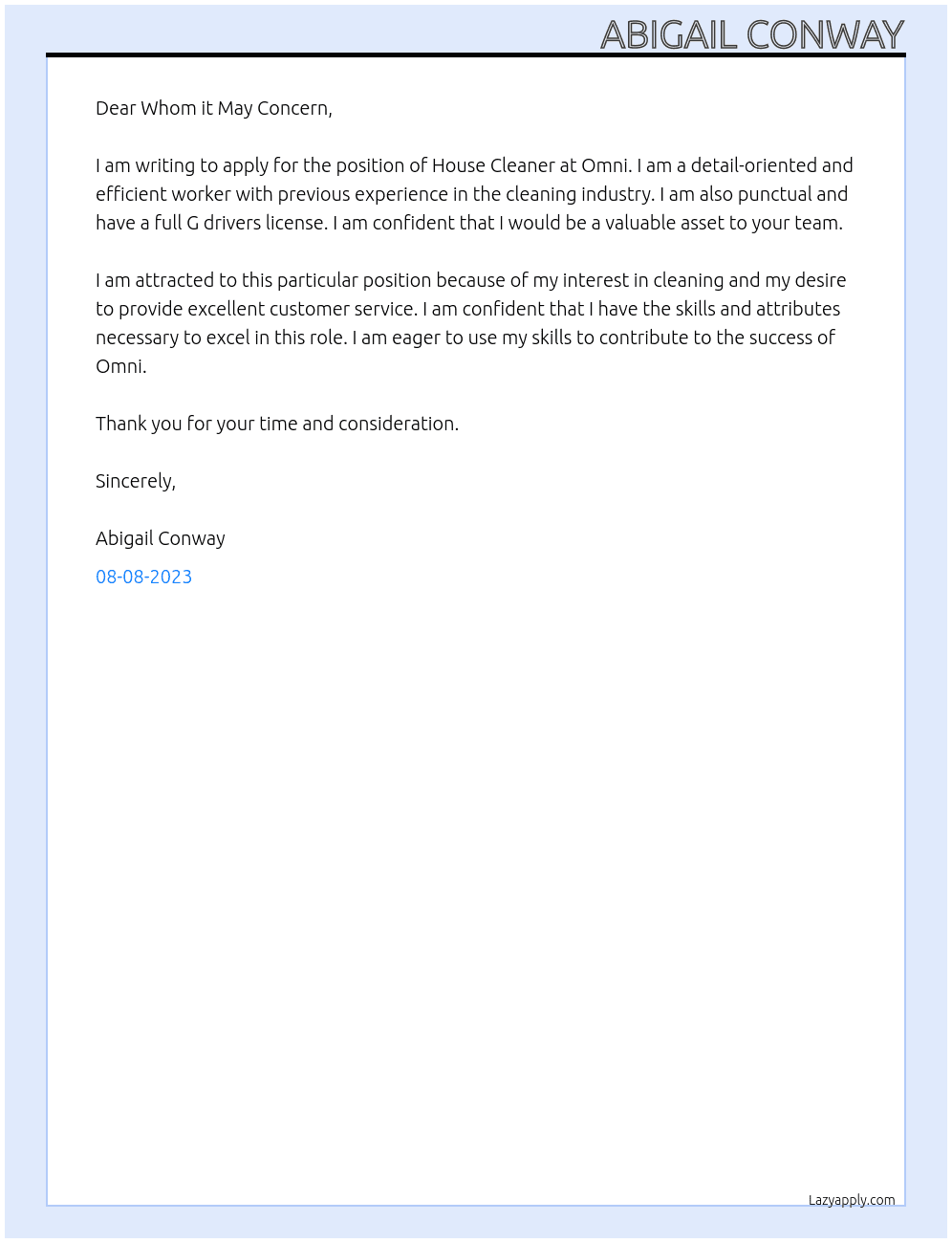 House Cleaner At Omni Cover Letter