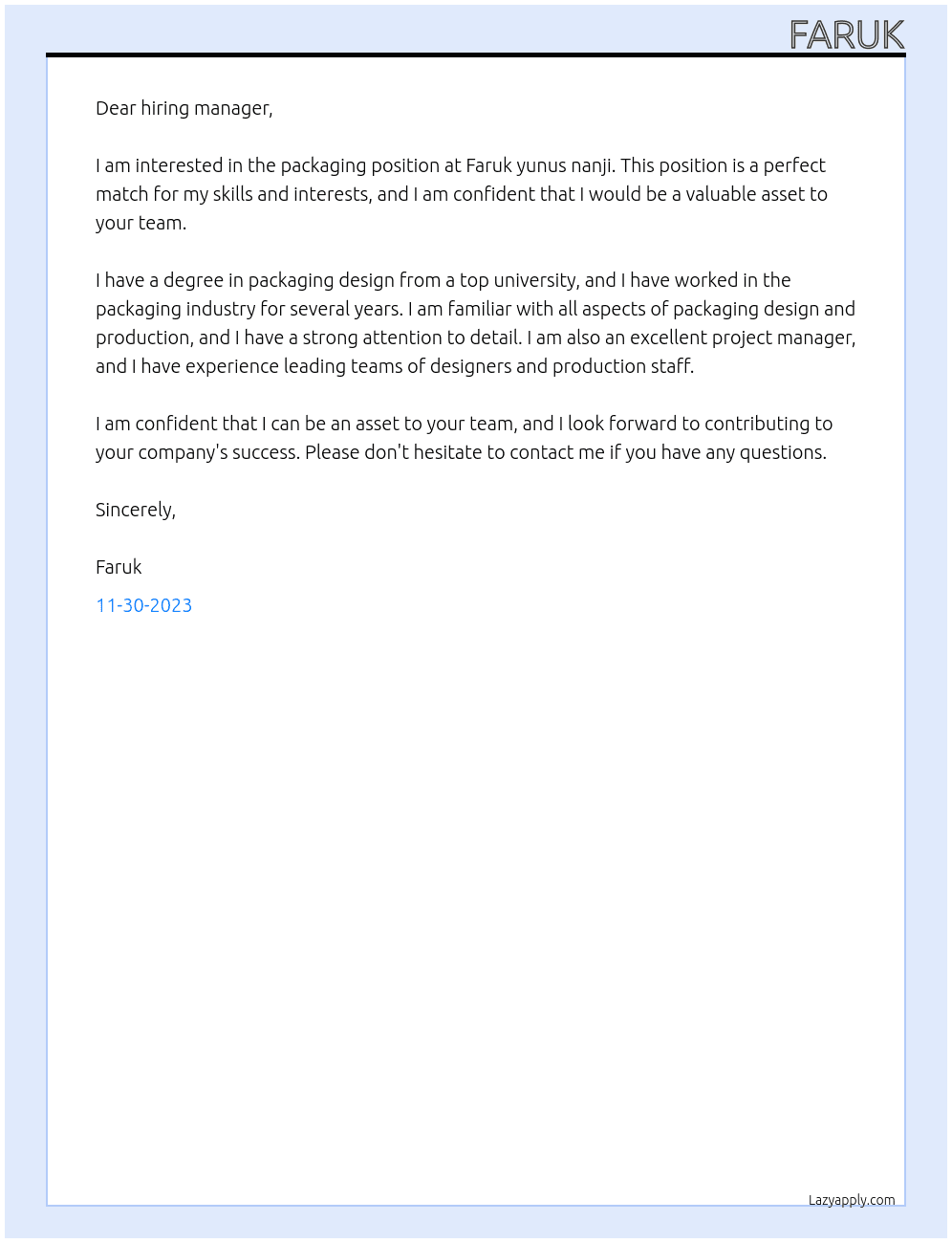Packaging  At Faruk yunus nanji Cover Letter