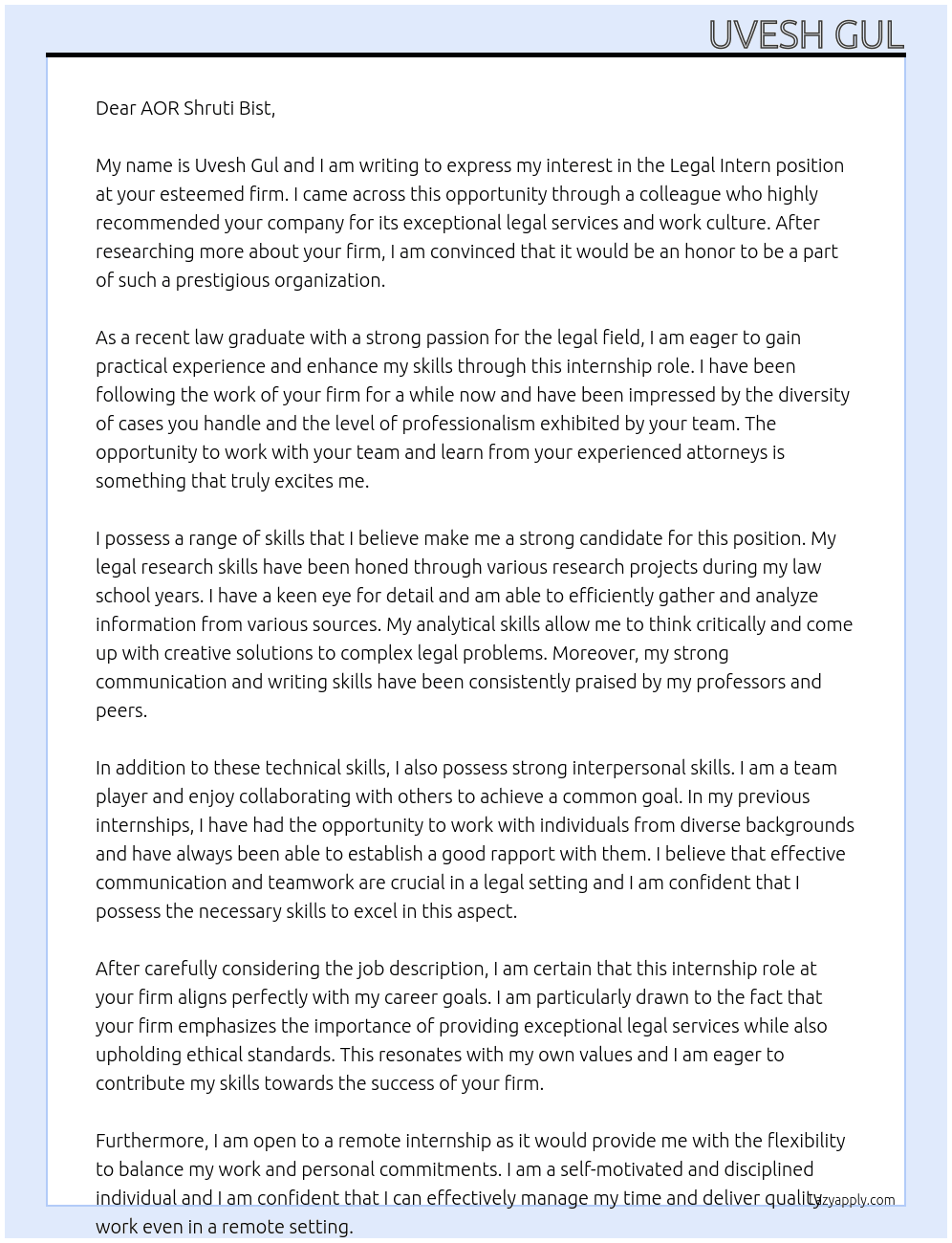 Legal Intern At AOR Shruti Bist  Cover Letter