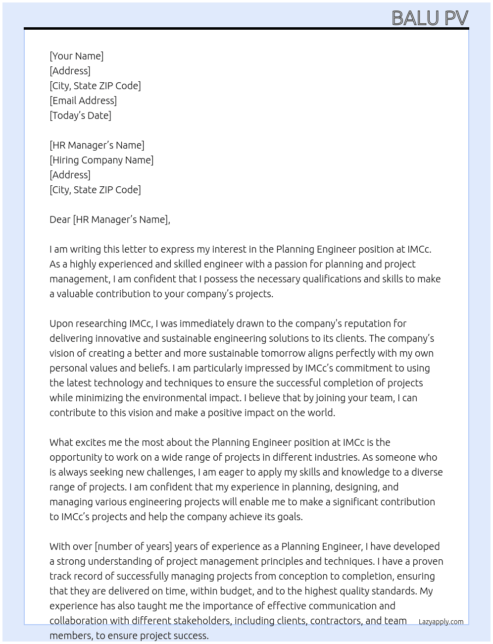 Planning Engineer At IMCc Cover Letter