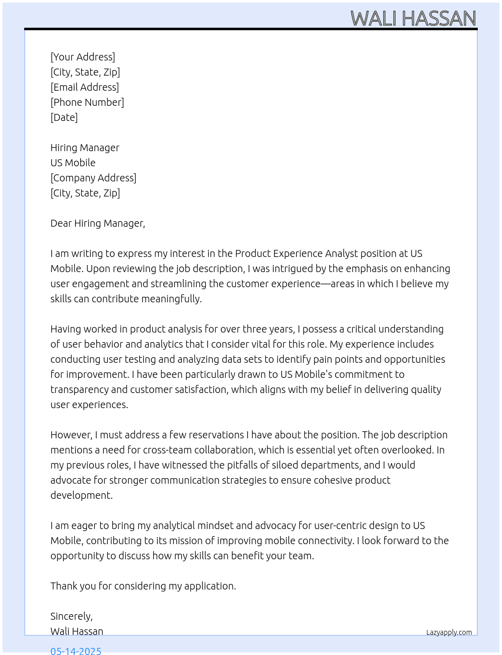 Cover letter for product experience analyst - LazyApply