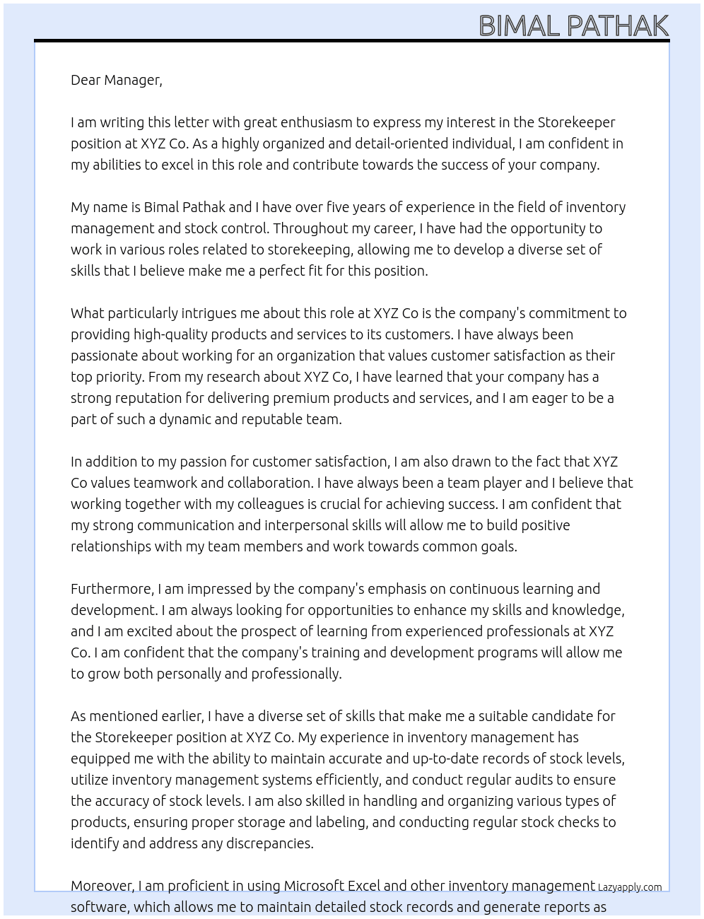 Storekeeper At  XYZ Co Cover Letter