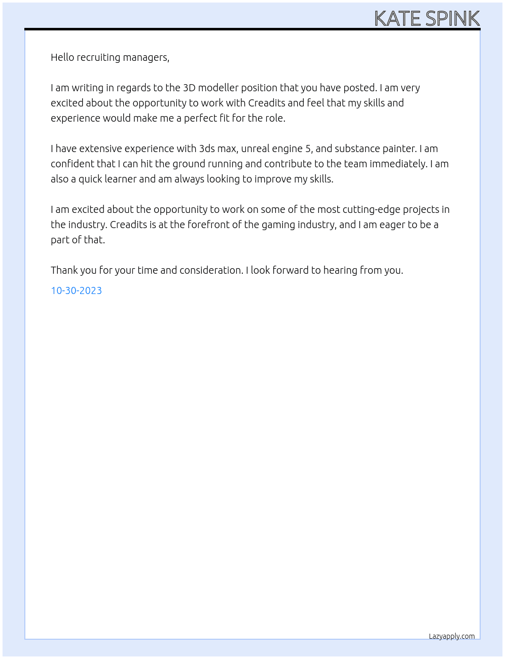 3D modeller  At Creadits Cover Letter