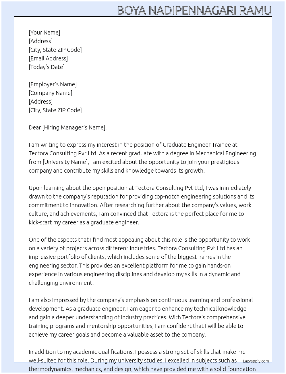 Graduate Engineer Trainee At Tectora consulting Pvt Ltd. Cover Letter