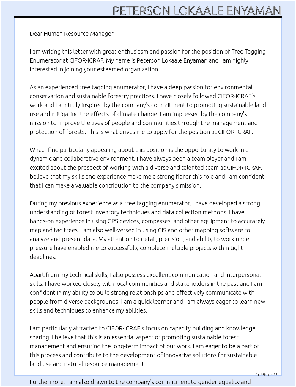 tree tagging enumerator At CIFOR-ICRAF Cover Letter