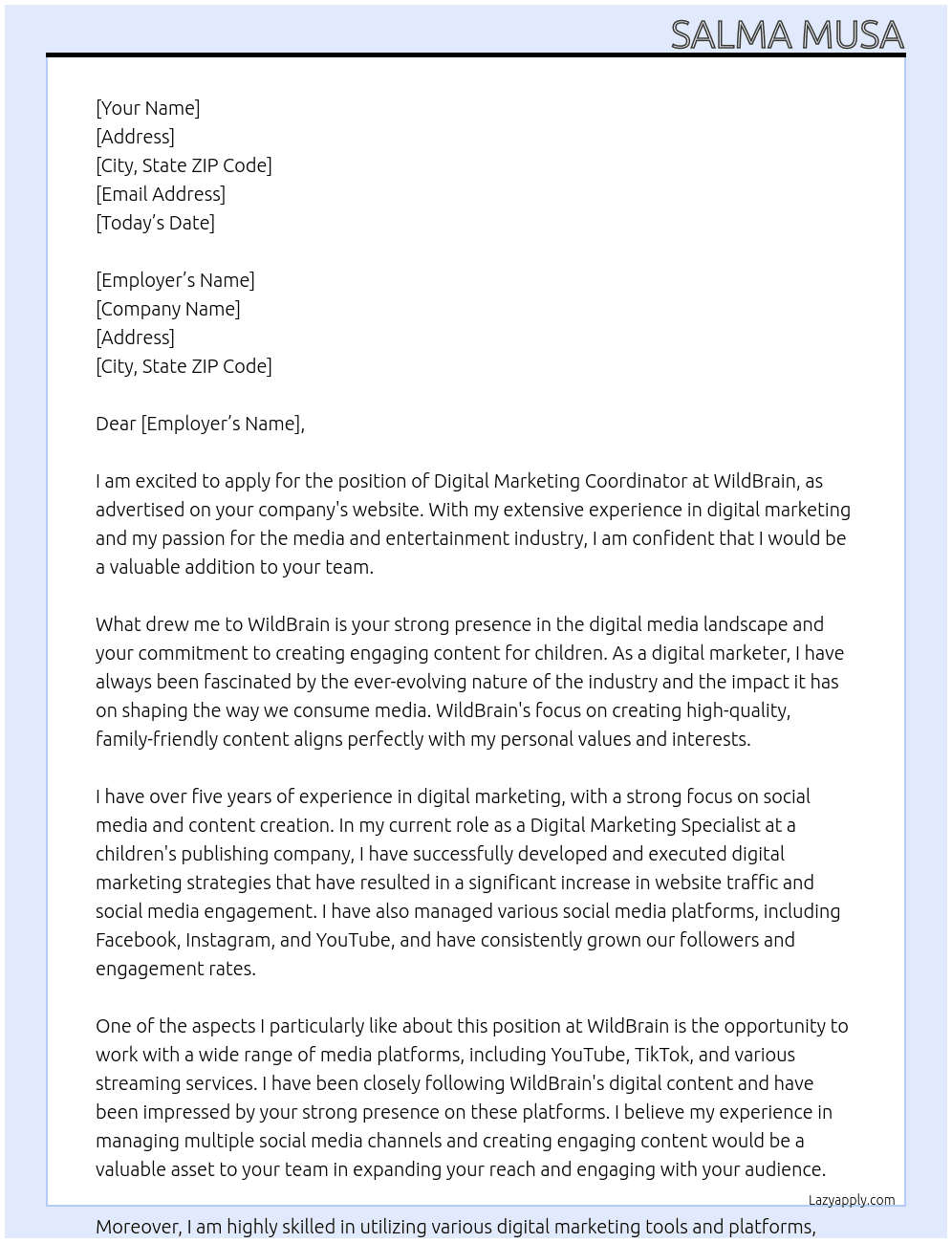Digital Marketing Coordinator At WildBrain Cover Letter