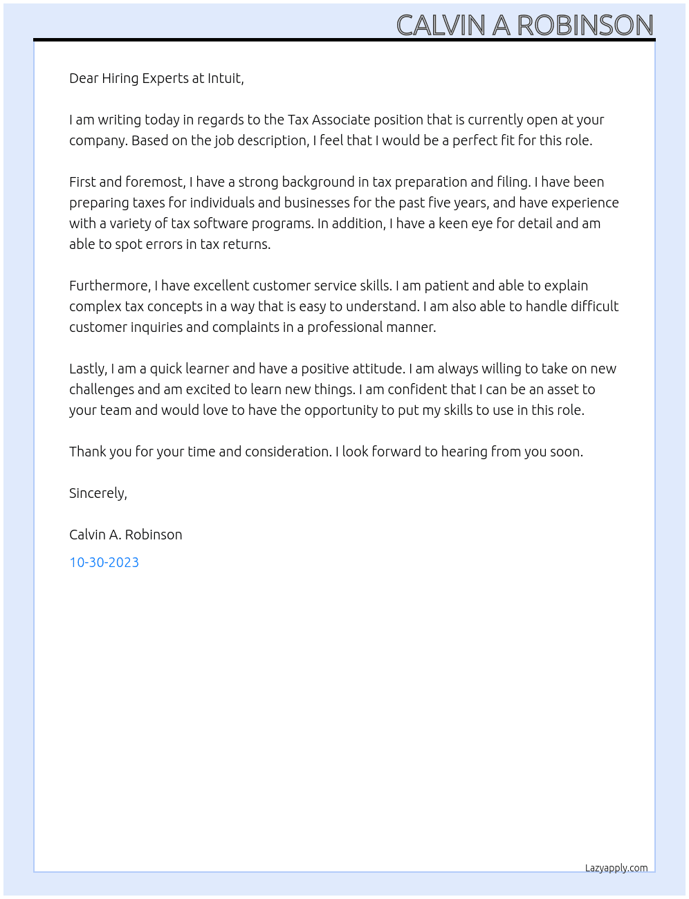 Tax Associate At Intuit Cover Letter