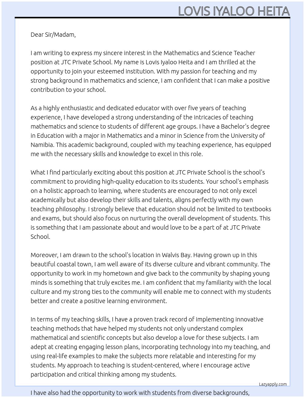 Mathematics and science teacher  At JTC Private School Cover Letter