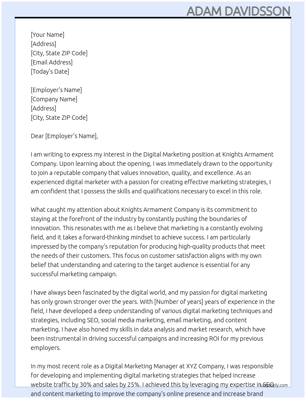 Digital Marketing At Knights Armament Company  Cover Letter