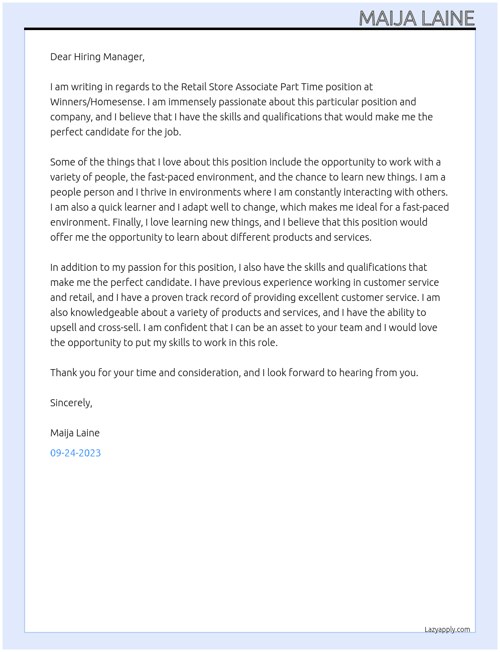 Retail Store Associate Part Time At Winners/Homesense Cover Letter
