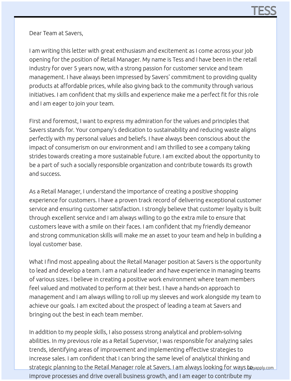 Retail Manager At Savers Cover Letter