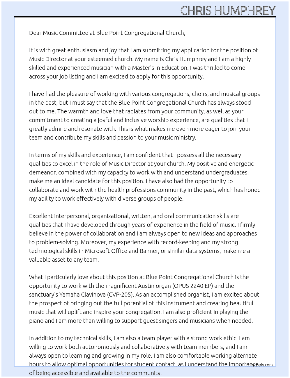 Music Director At Blue Point Congregational Church Cover Letter