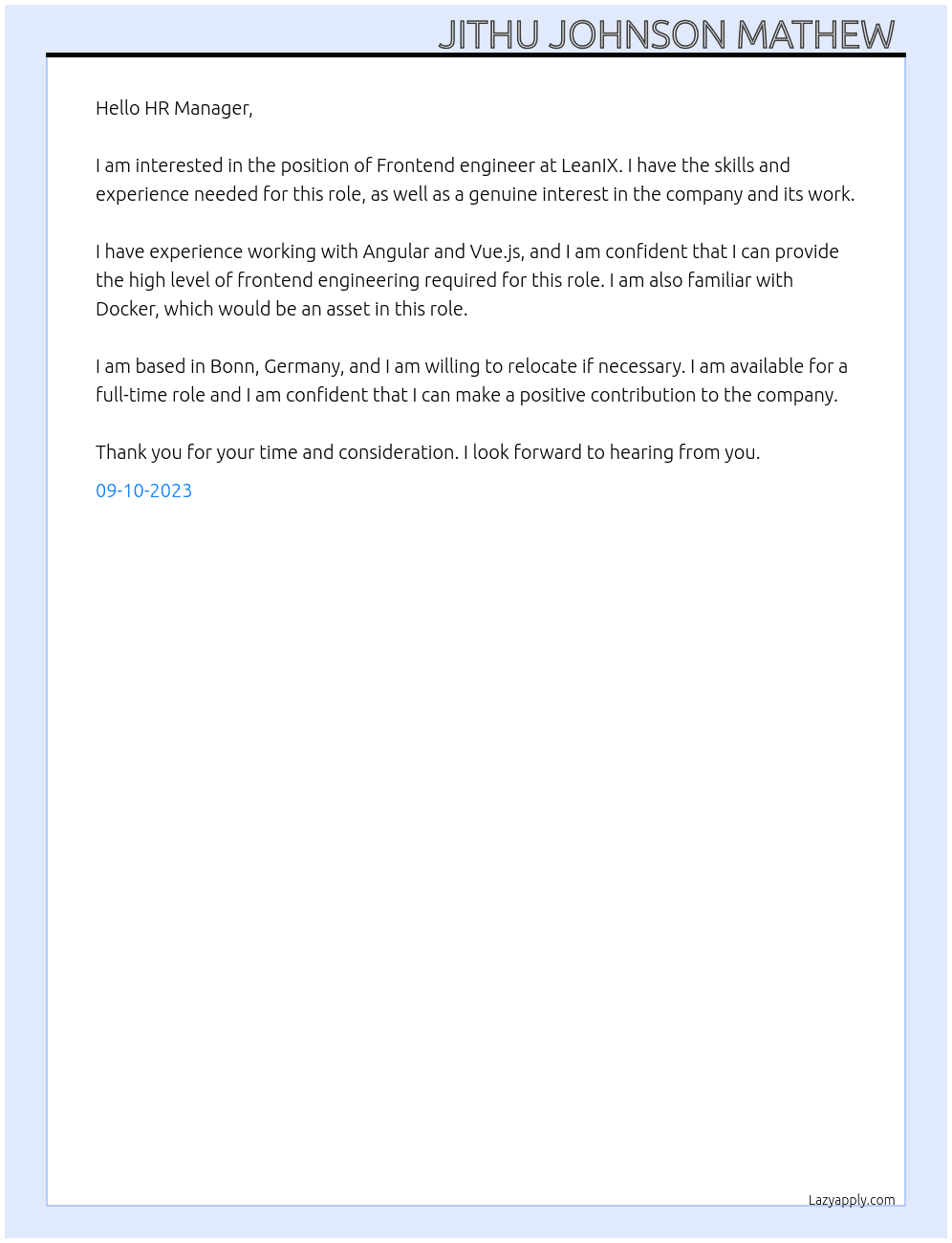 Frontend engineer  At LeanIX Cover Letter