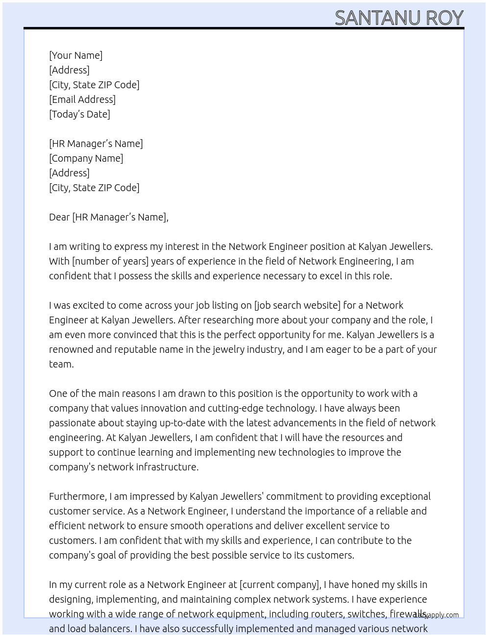 Network Engineer At Kalyan Jewellers Cover Letter