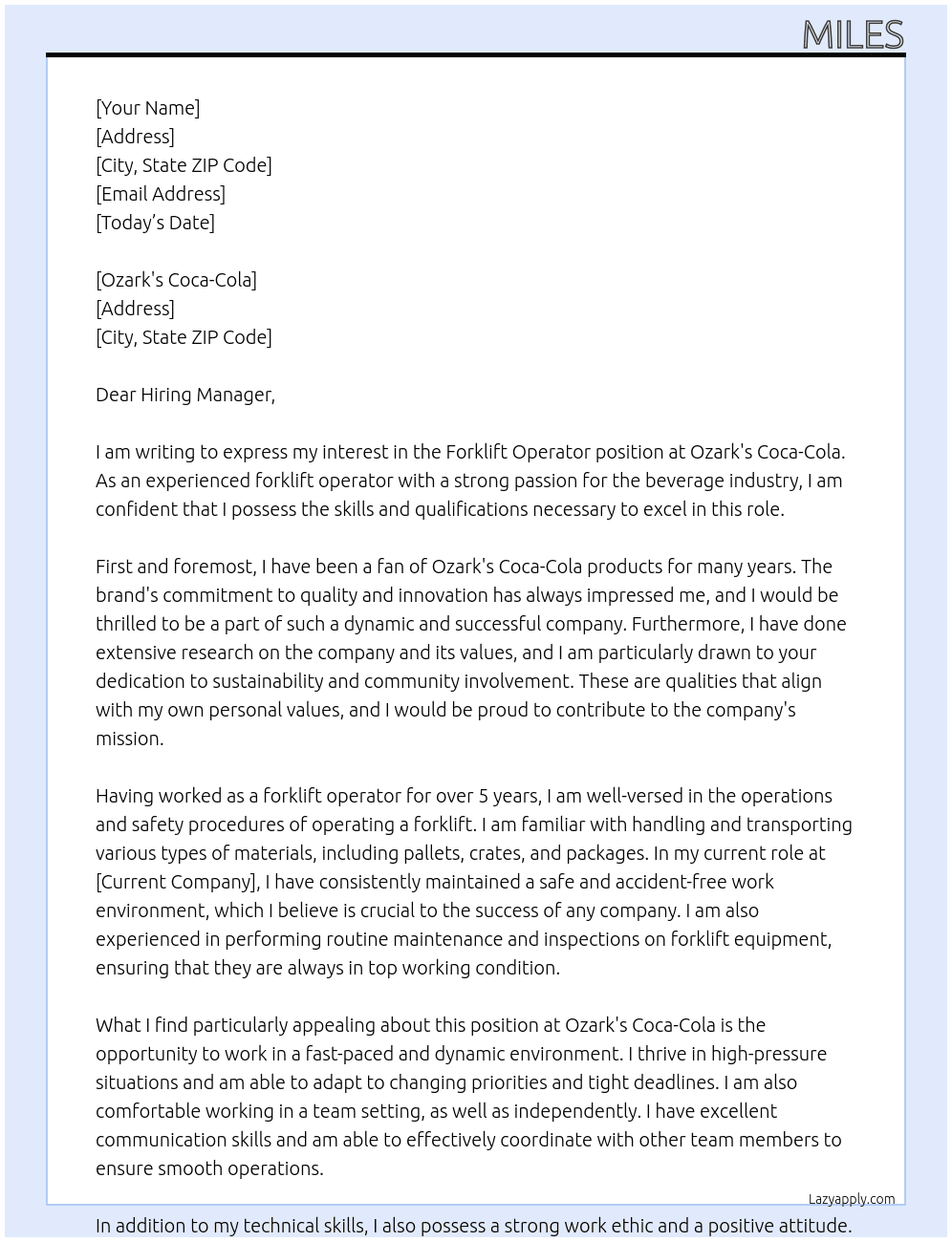 Forklift operator  At Ozark's Coca-Cola  Cover Letter