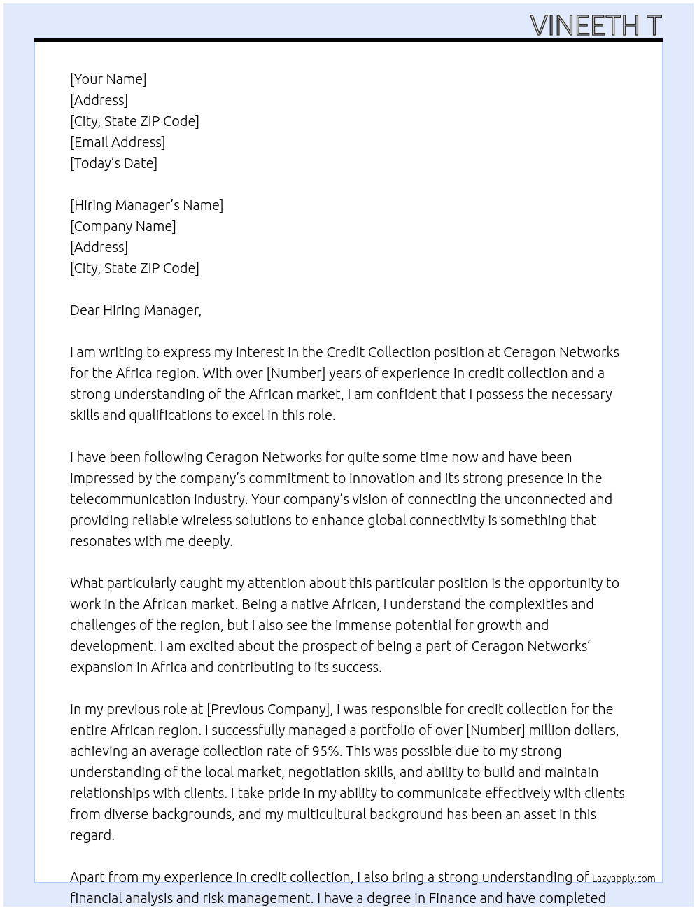 Credit Collection - Africa At Ceragon Networks  Cover Letter