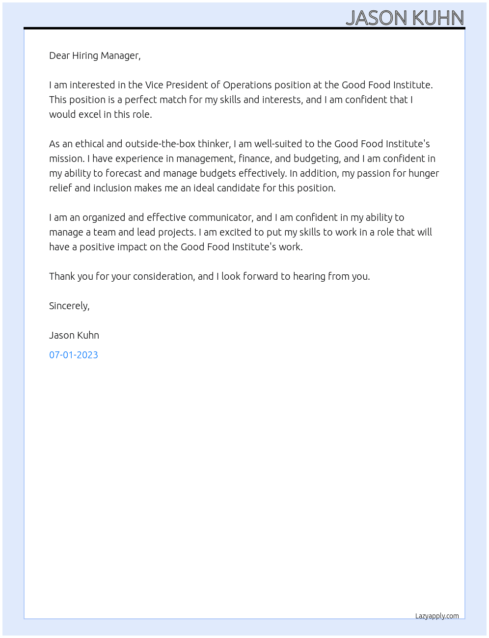 Vice President of Operations At Good Food Institute Cover Letter