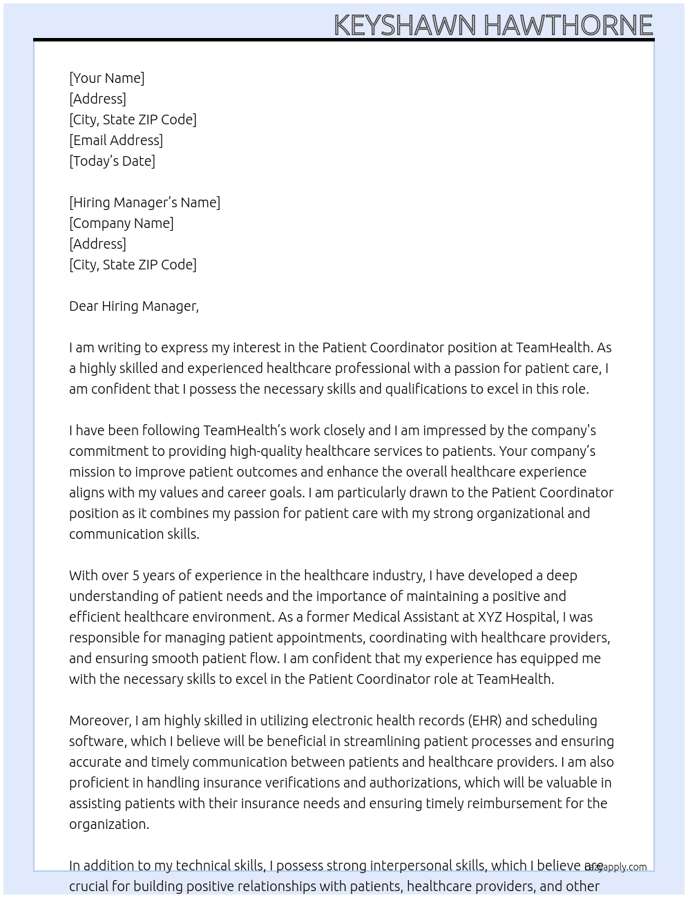 Patient coordinator At TeamHealth Cover Letter