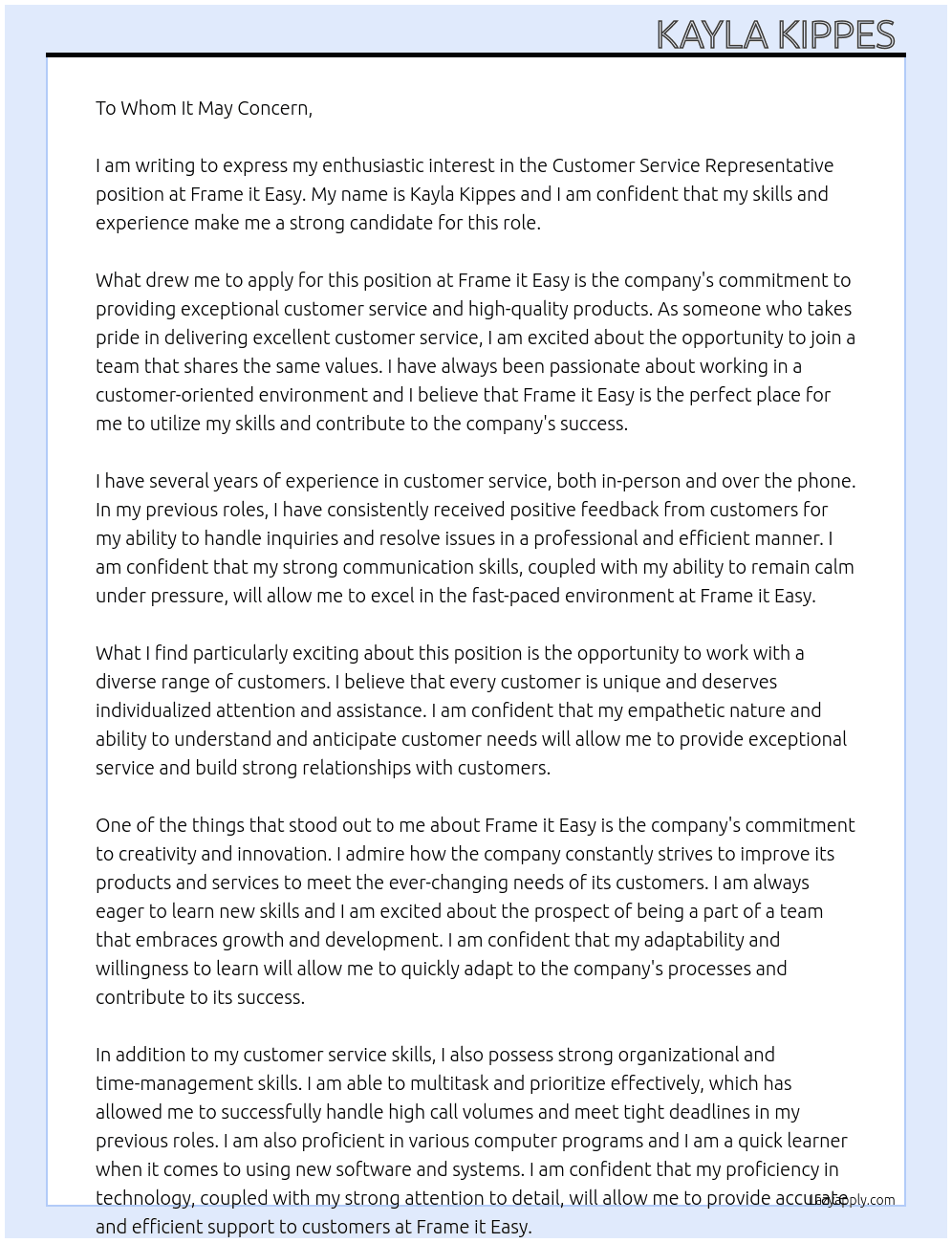 Customer service representative  At Frame it Easy Cover Letter
