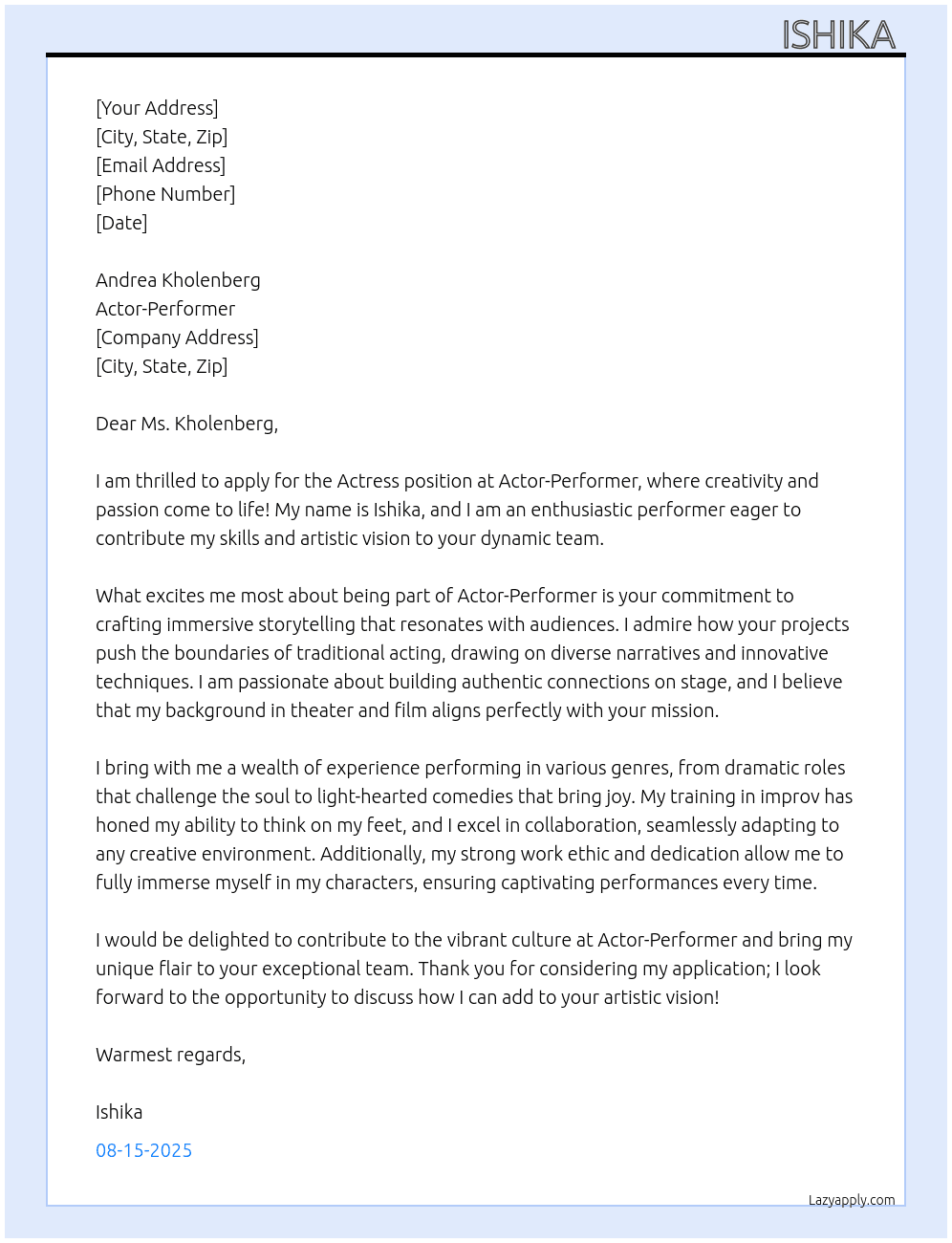 Actress At Andrea Kholenberg, Actor-Performer Cover Letter