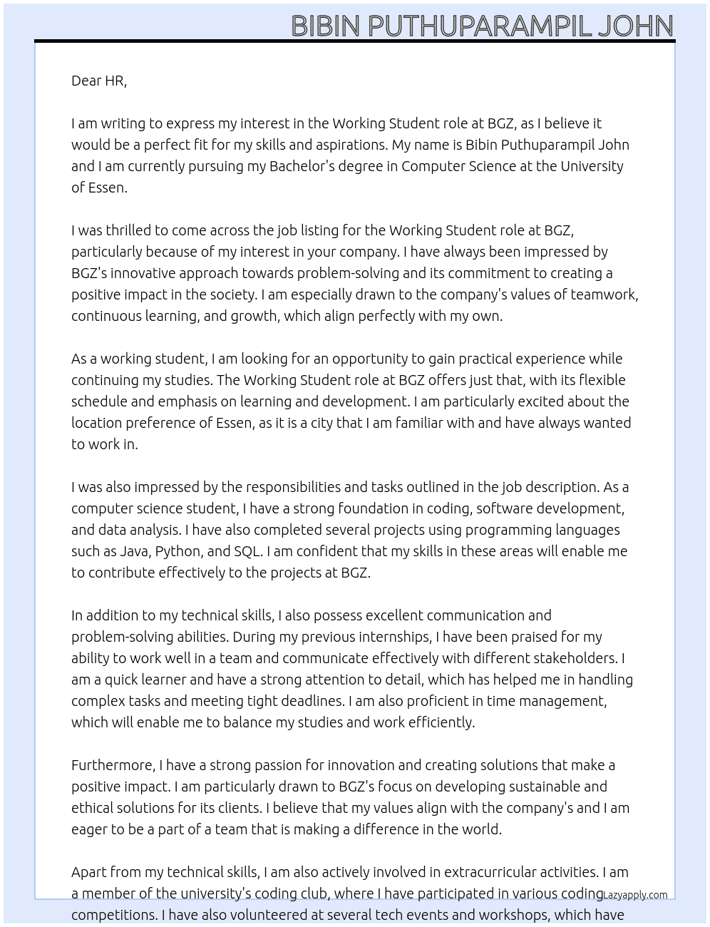 working student At bgz Cover Letter