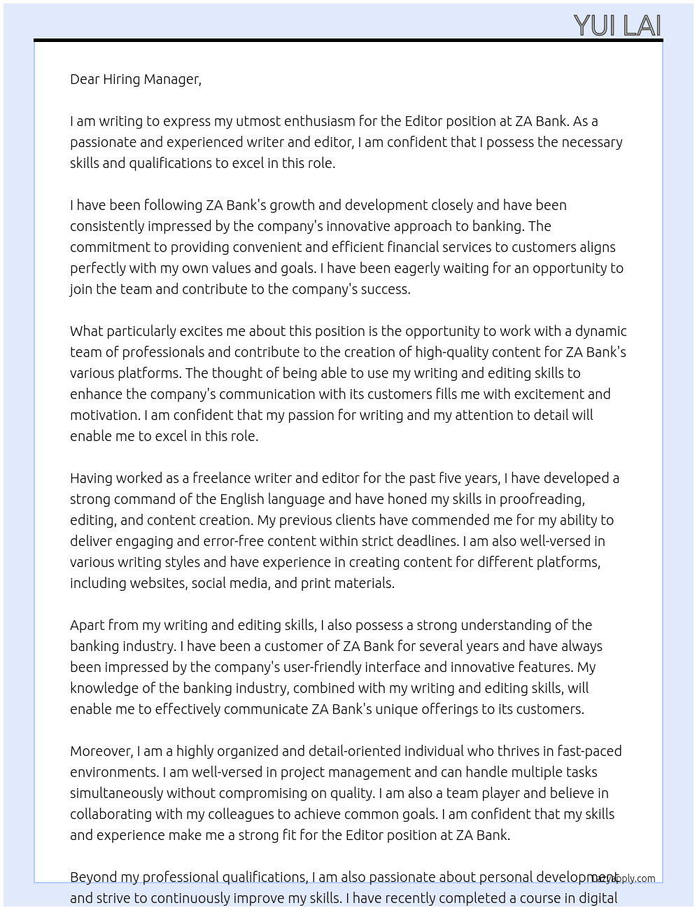 Editor At ZA Bank Cover Letter