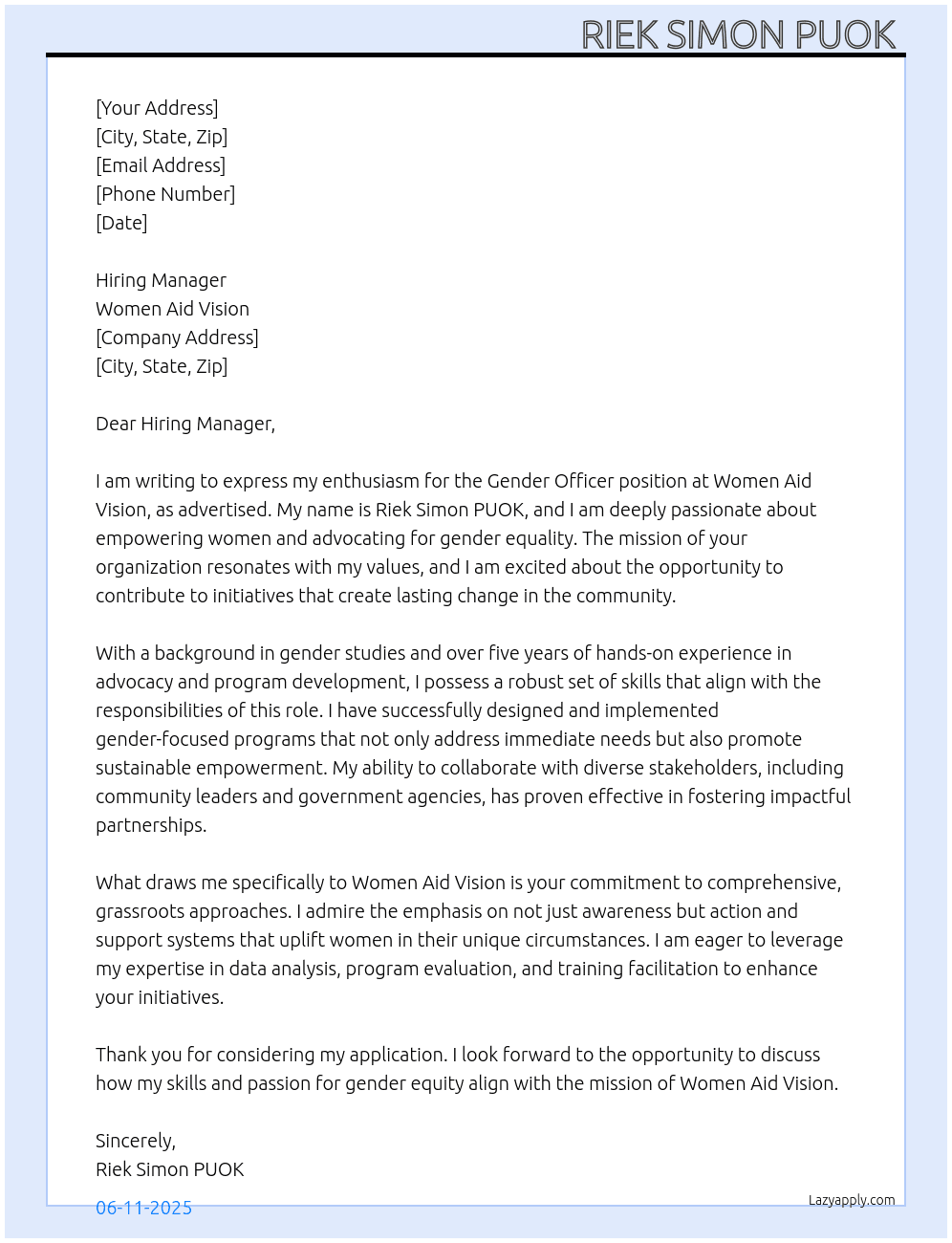 gender officer  At Women Aid Vision  Cover Letter