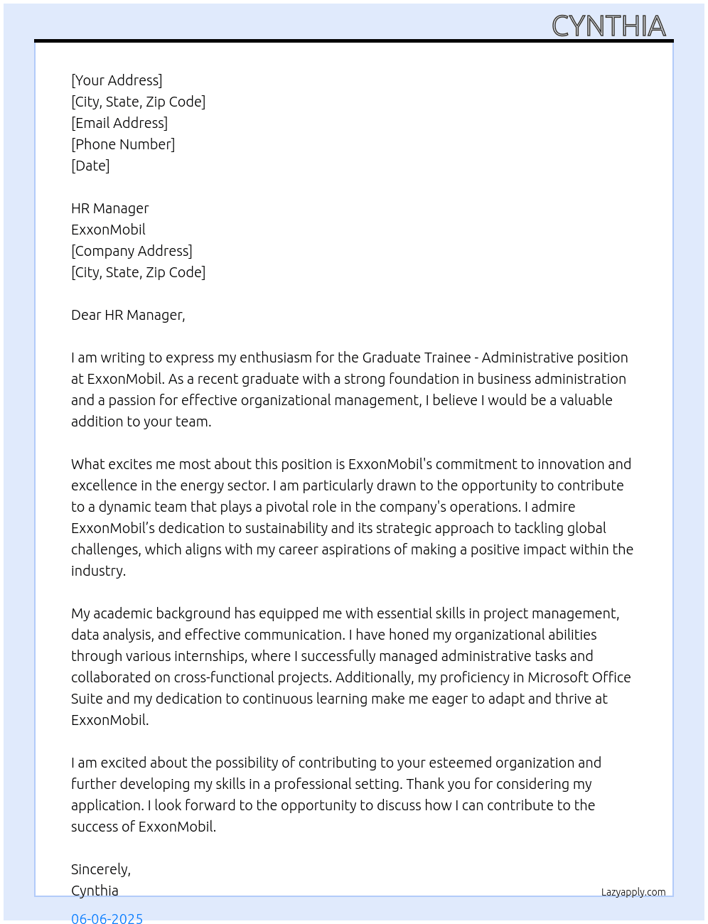 Cover letter for graduate trainee - administrative - LazyApply