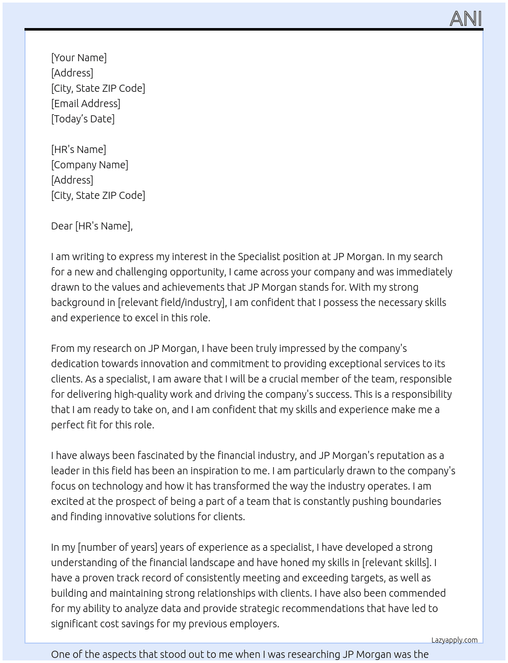 specialist At jp mogan Cover Letter