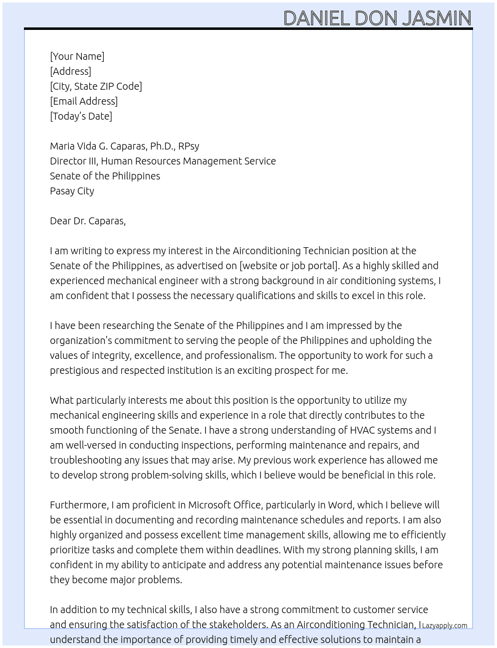 Airconditioning Technician At Senate of the Philippines Cover Letter