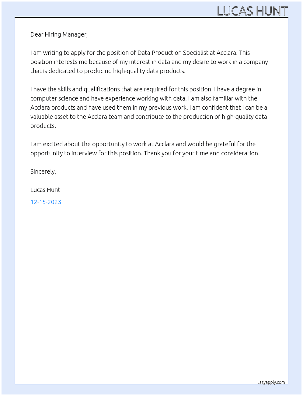 Data Production Specialist At Acclara Cover Letter