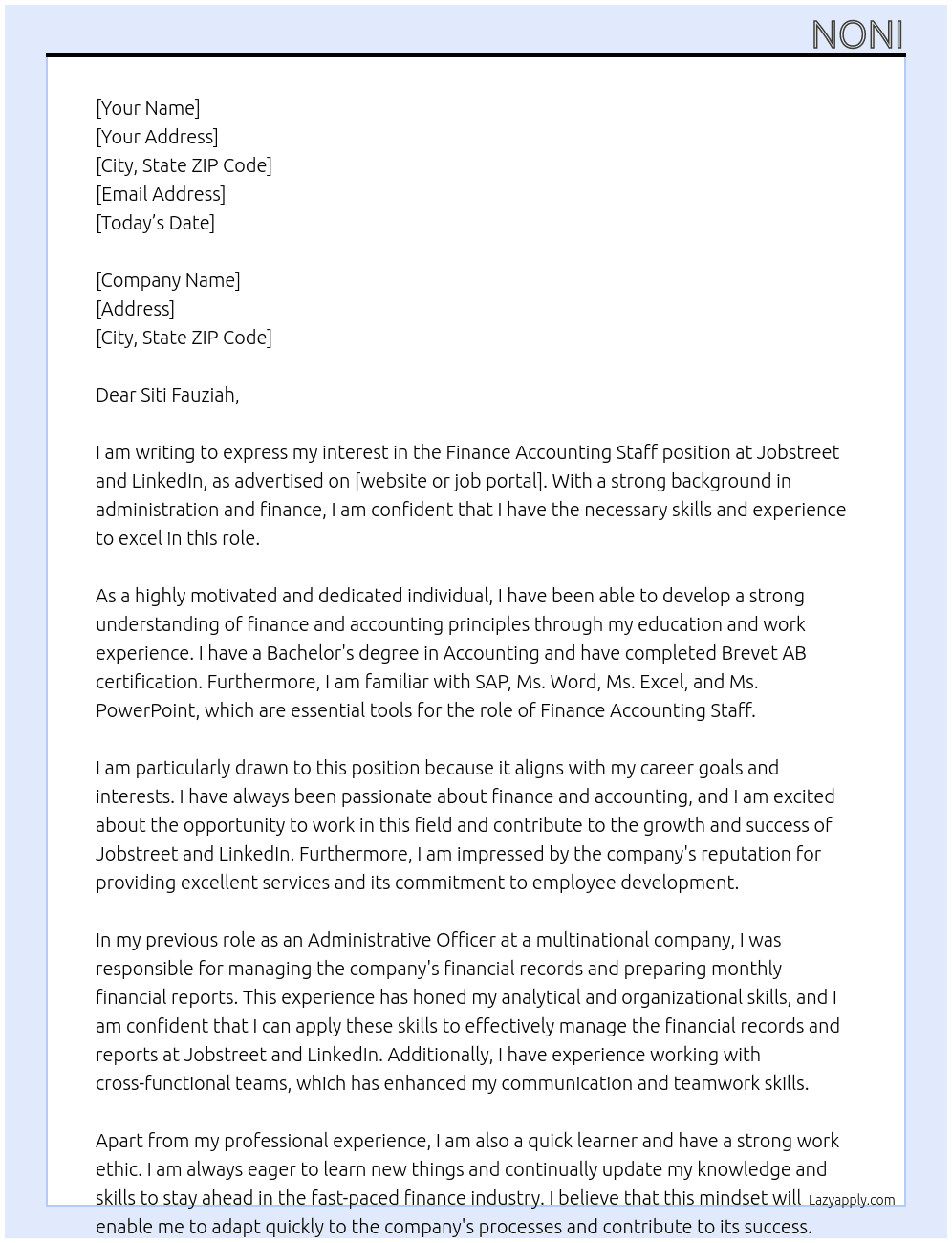 FINANCE ACCONTING STAFF At Jobstreet, LinkedIn Cover Letter