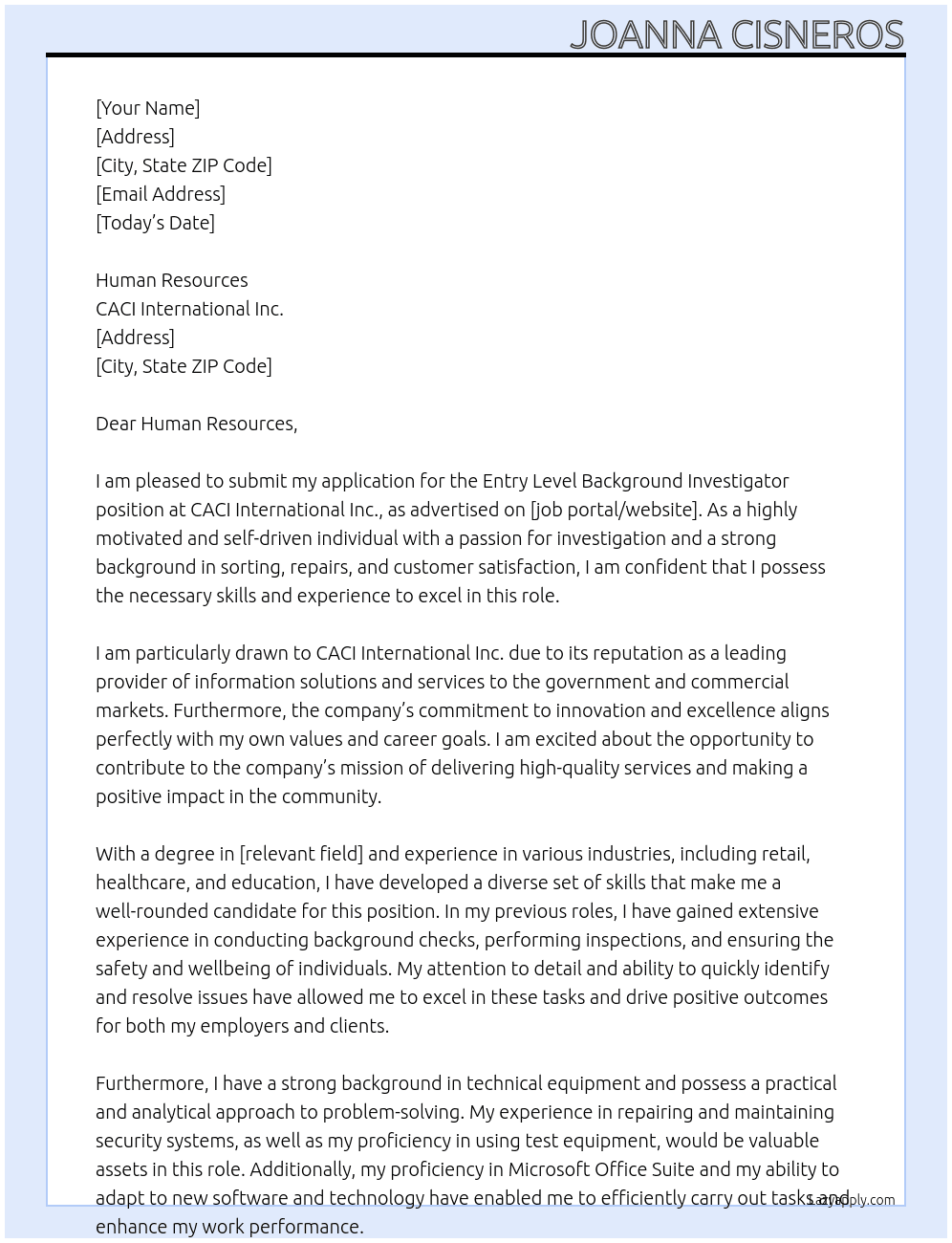 Entry Level Background Investigator At CACI International Inc Cover Letter