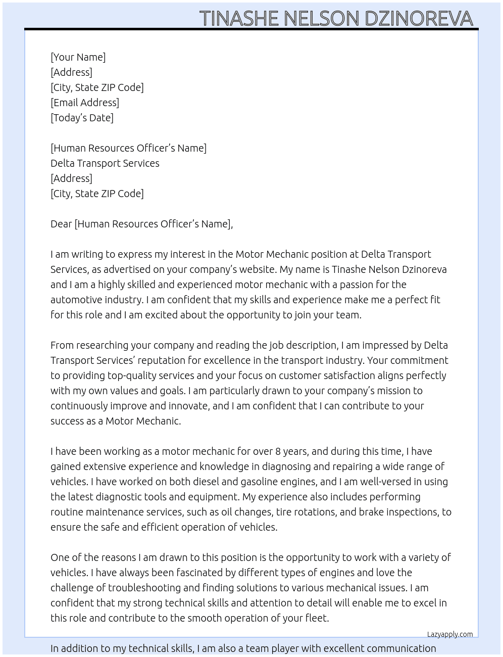 Motor Mechanic  At Delta Transport Services  Cover Letter
