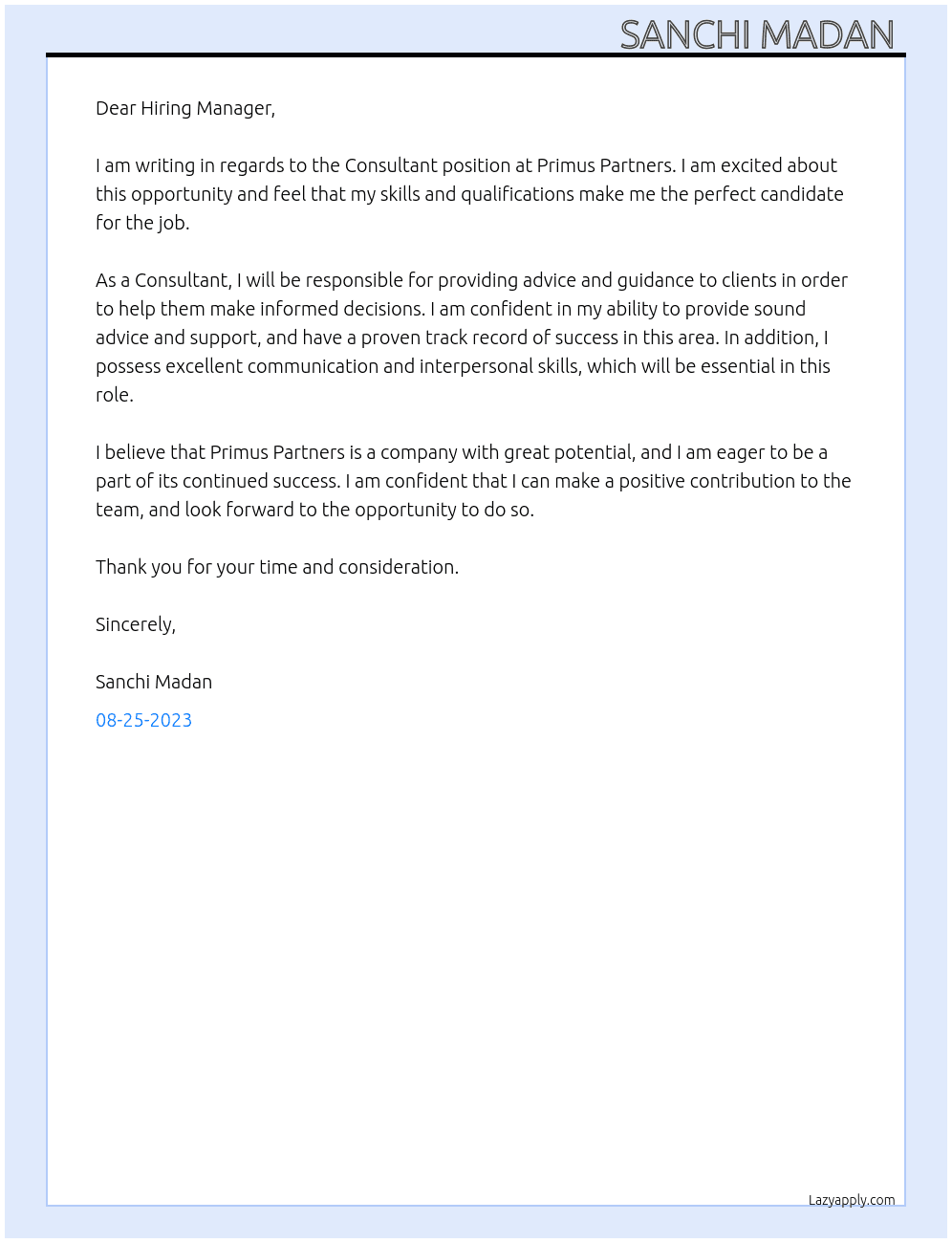 Consultant  At Primus Partners  Cover Letter