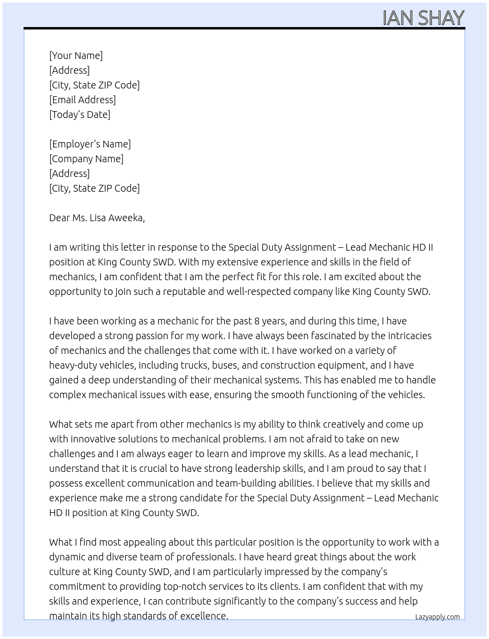 Special Duty Assignment – Lead Mechanic HD II At King county swd Cover Letter