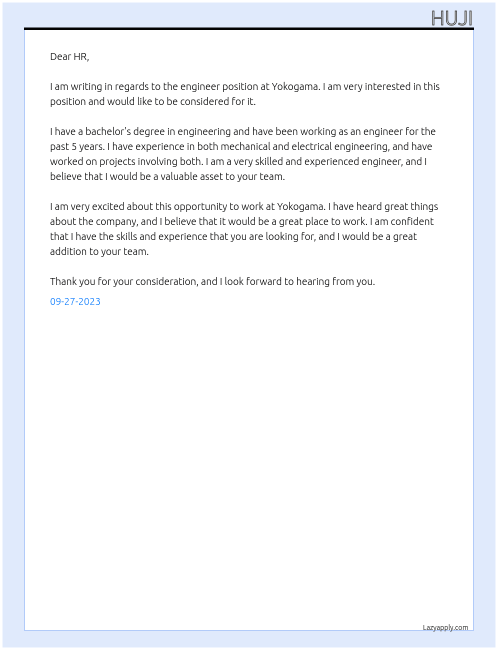 Engineer At Yokogama Cover Letter