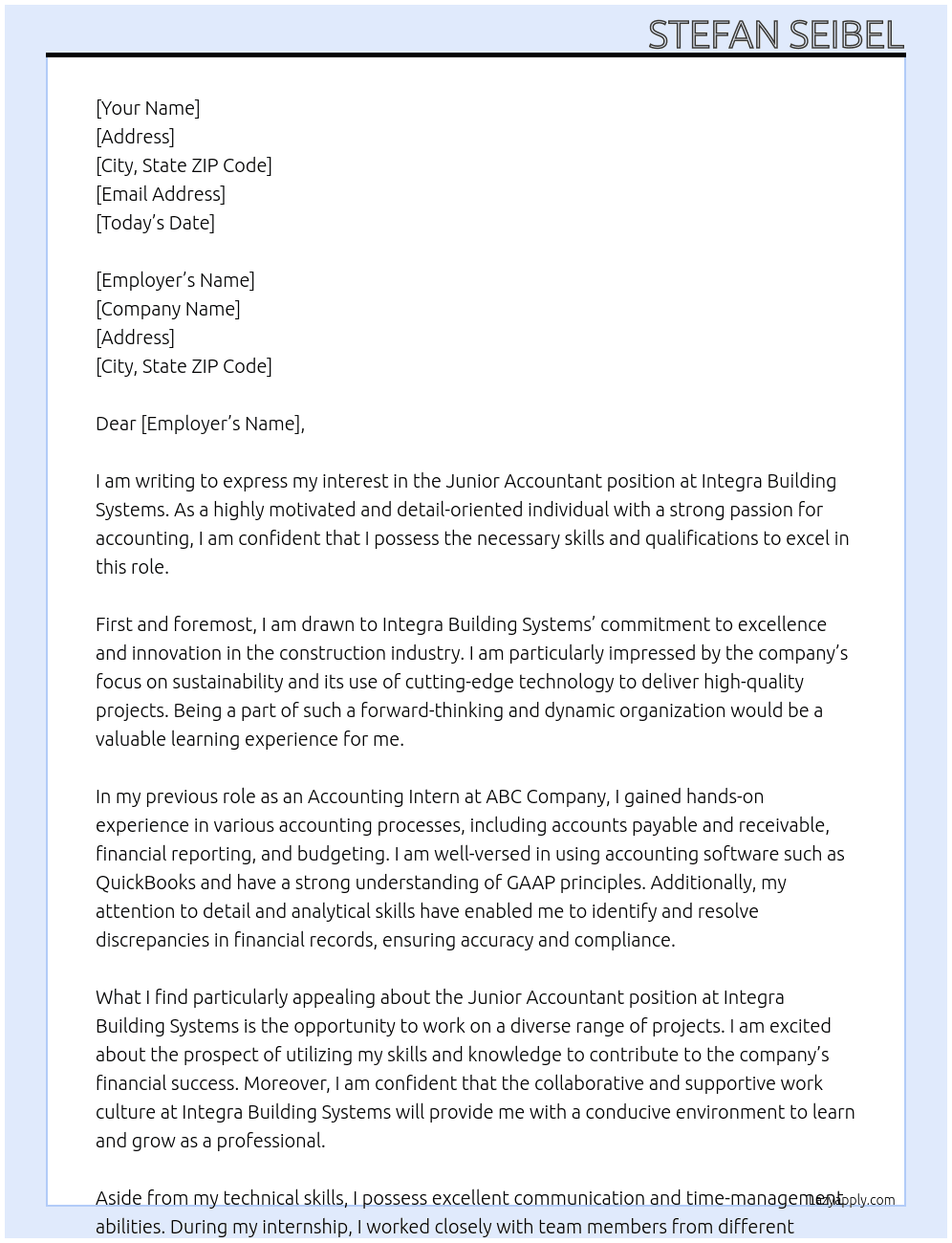 Junior Acccountant At Integra Building Systems Cover Letter