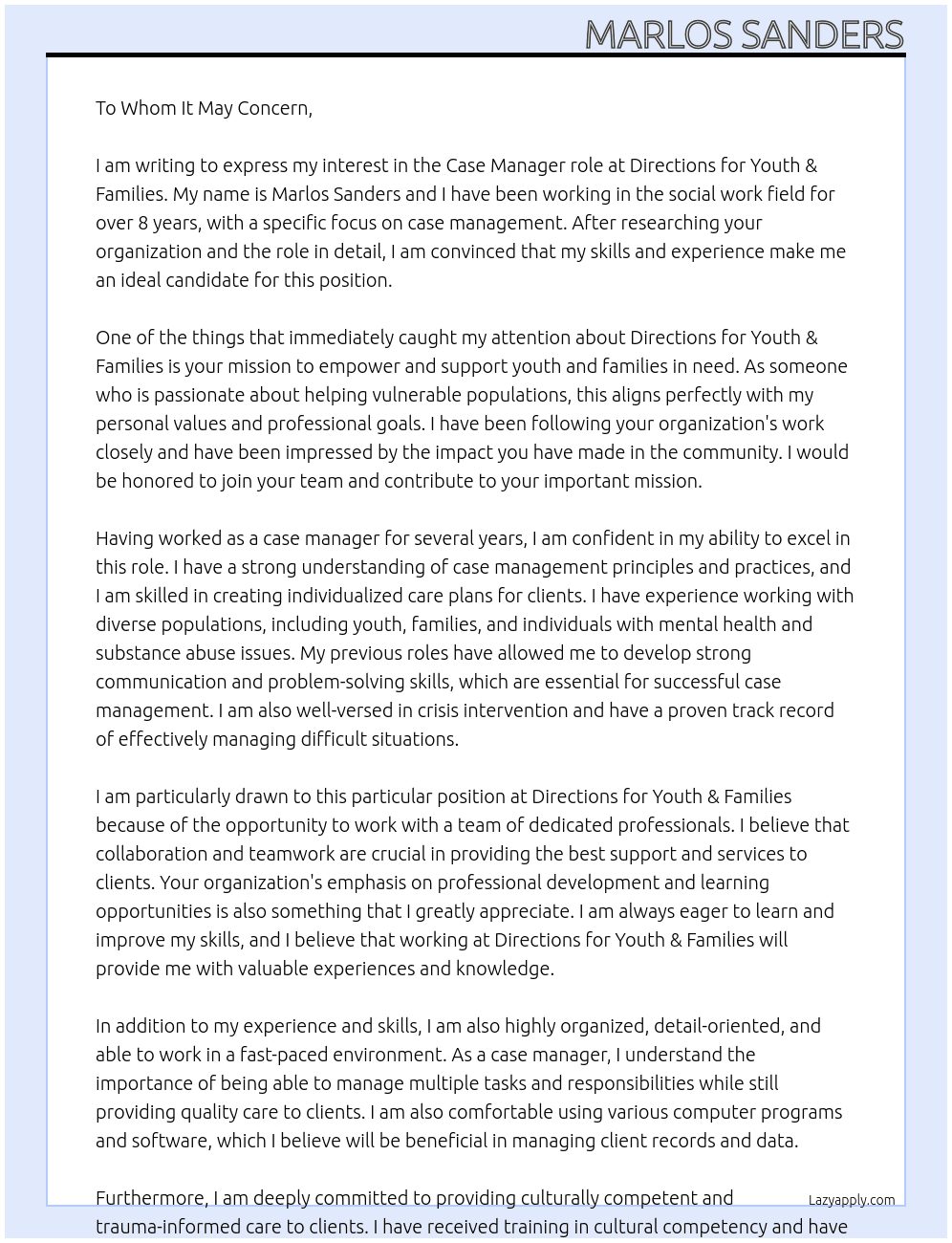 Case Manager At Directions for Youth & Families Cover Letter