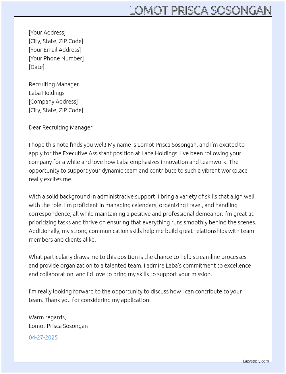 Executive Assistant At Laba Holdings Cover Letter