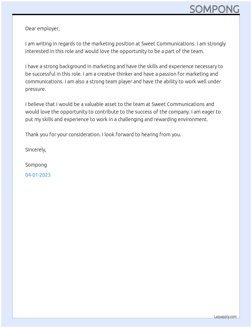 Marketing At Sweet Communications Cover Letter