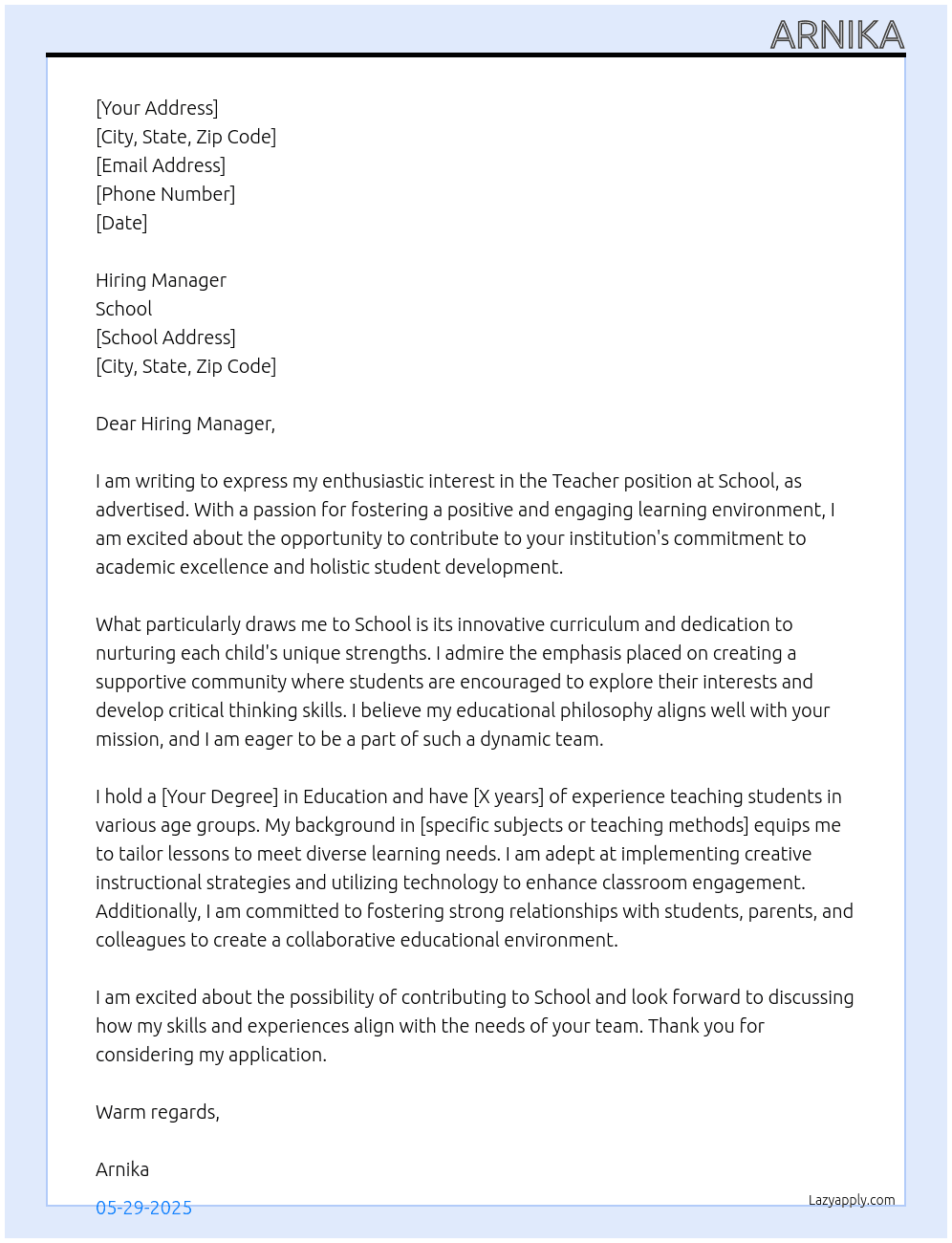 Teacher At School Cover Letter