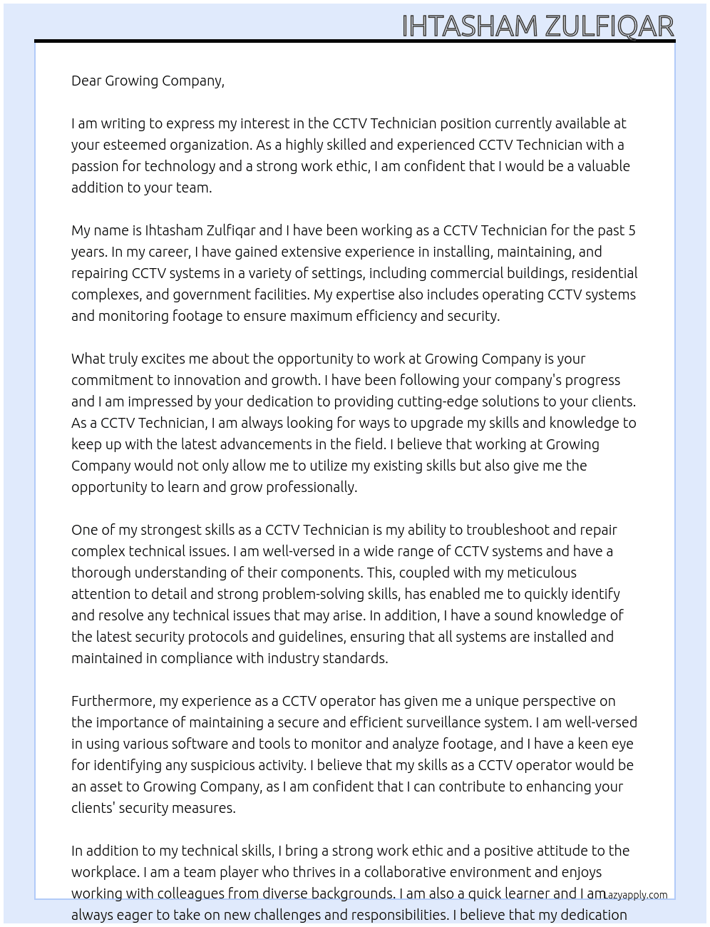 Cctv technician  At Growing  Cover Letter