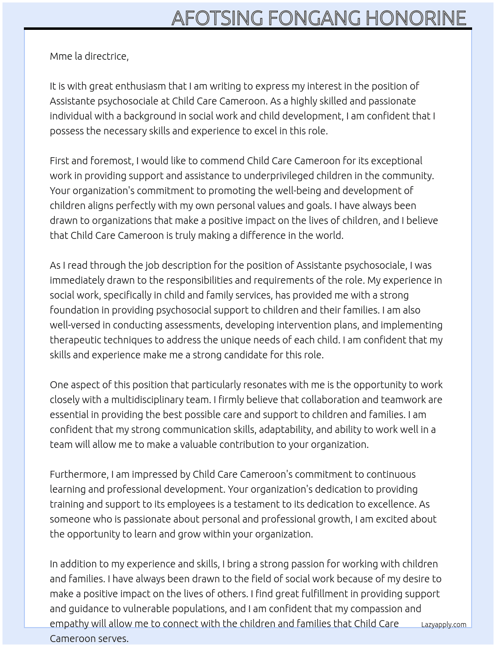 Assistante psychosociale  At Child Care Cameroon  Cover Letter