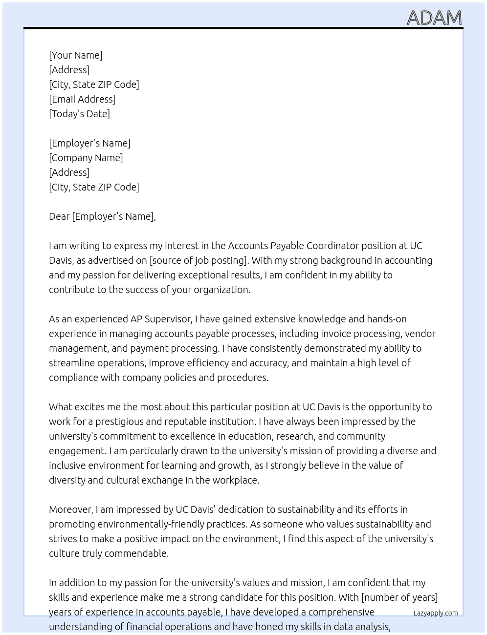 Accounts Payable Coordinator At UC Davis Cover Letter