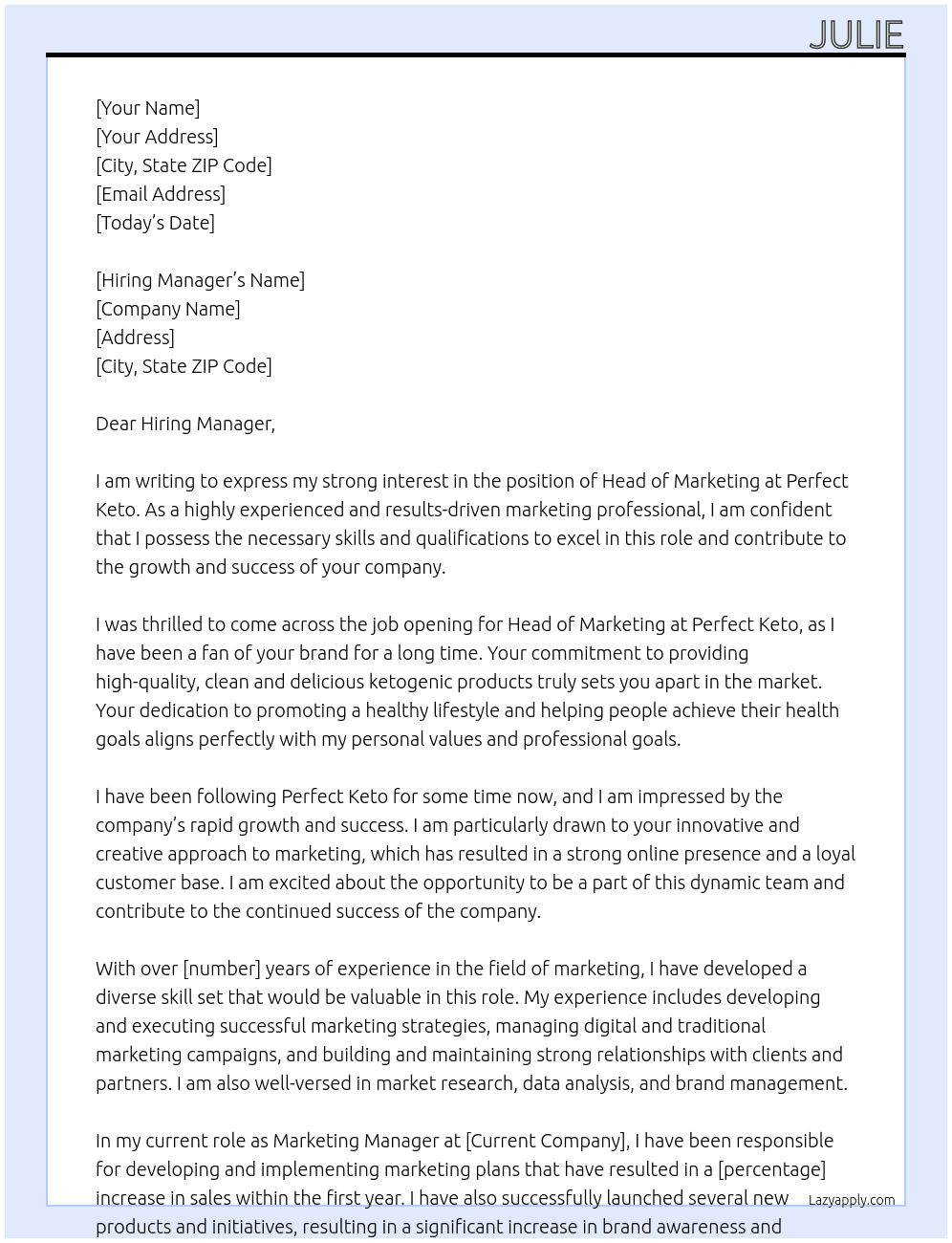 Head of Marketing At Perfect Keto Cover Letter