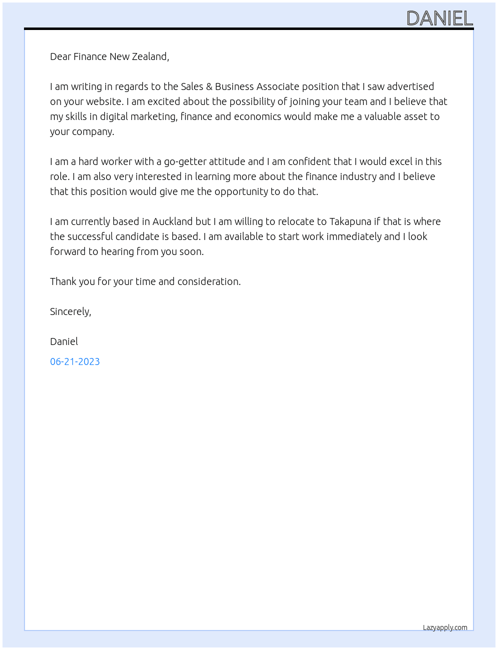 Sales & Business Associate At Finance New Zealand Cover Letter