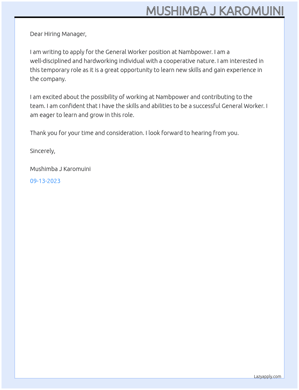 General Worker At Nambpower Cover Letter