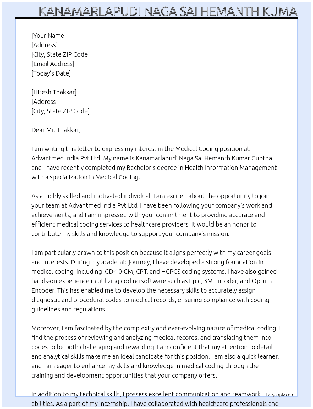 MEDICAL CODING At ADVANTMED INDIA PVT LTD Cover Letter