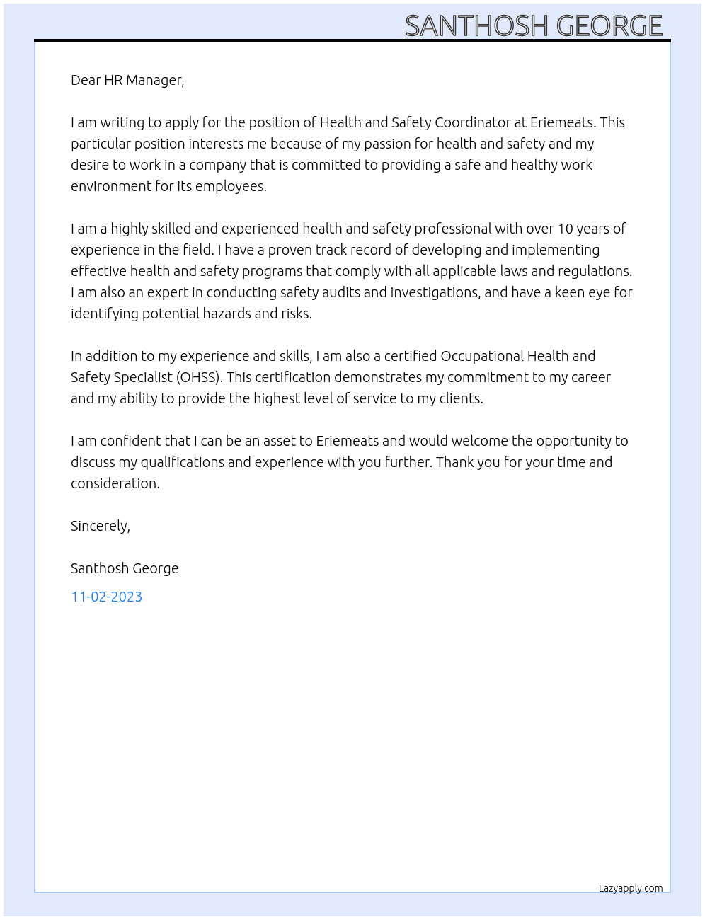 Health and safety coordinator  At Eriemeats  Cover Letter